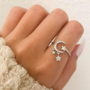 925 Sterling Silver Dangle Moon & Star Ring Dangle Charm Ring Dainty Silver Ring